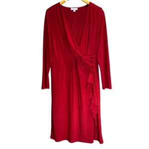 Elegant Red Flowy Faux Wrap Ruffle Dress Size 14 Long Sleeve Midi Party Evening